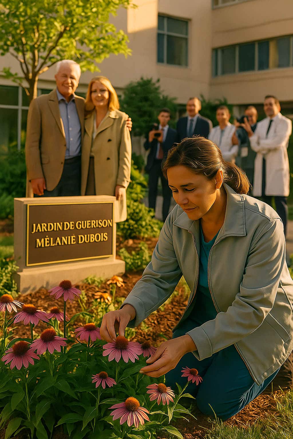 Jardin fleuri dans la cour d'un hôpital avec bancs