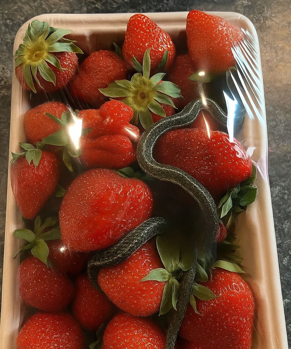 Barquette de fraises avec un élément inhabituel