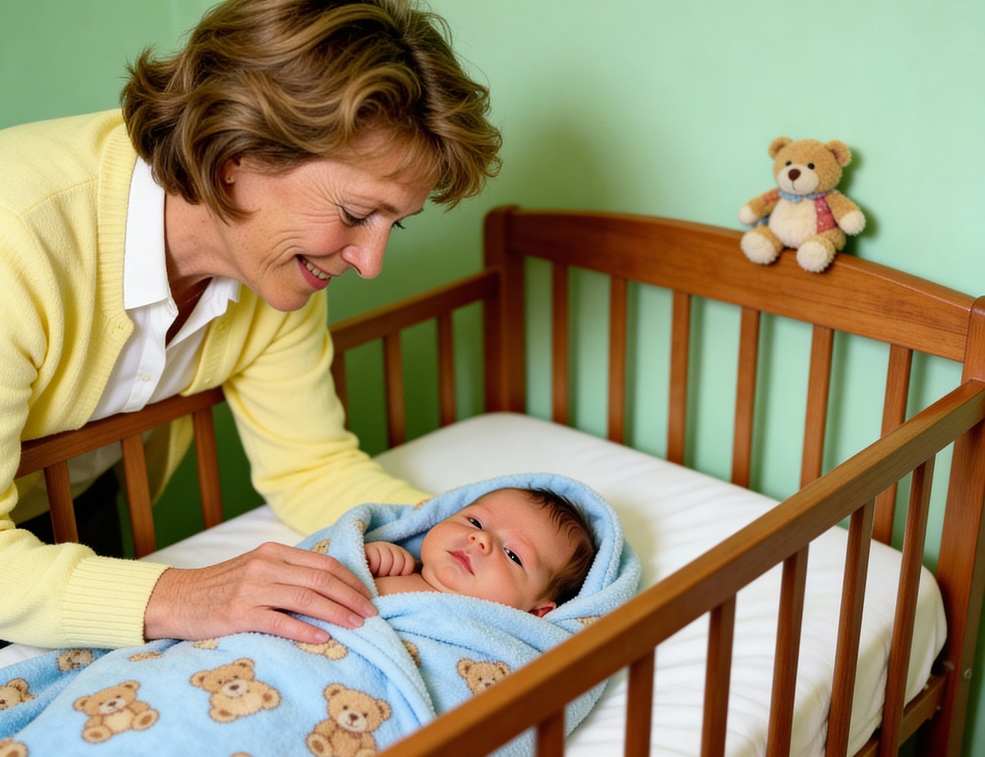 Photographie d'une grand-mère souriante dans un intérieur chaleureux
