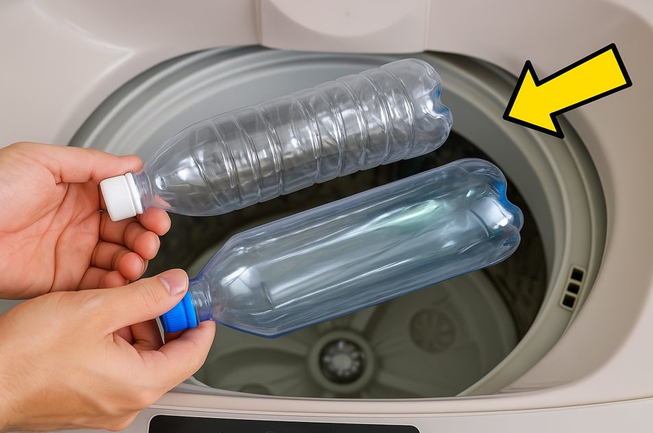 Machine à laver avec des bouteilles en plastique dans le tambour