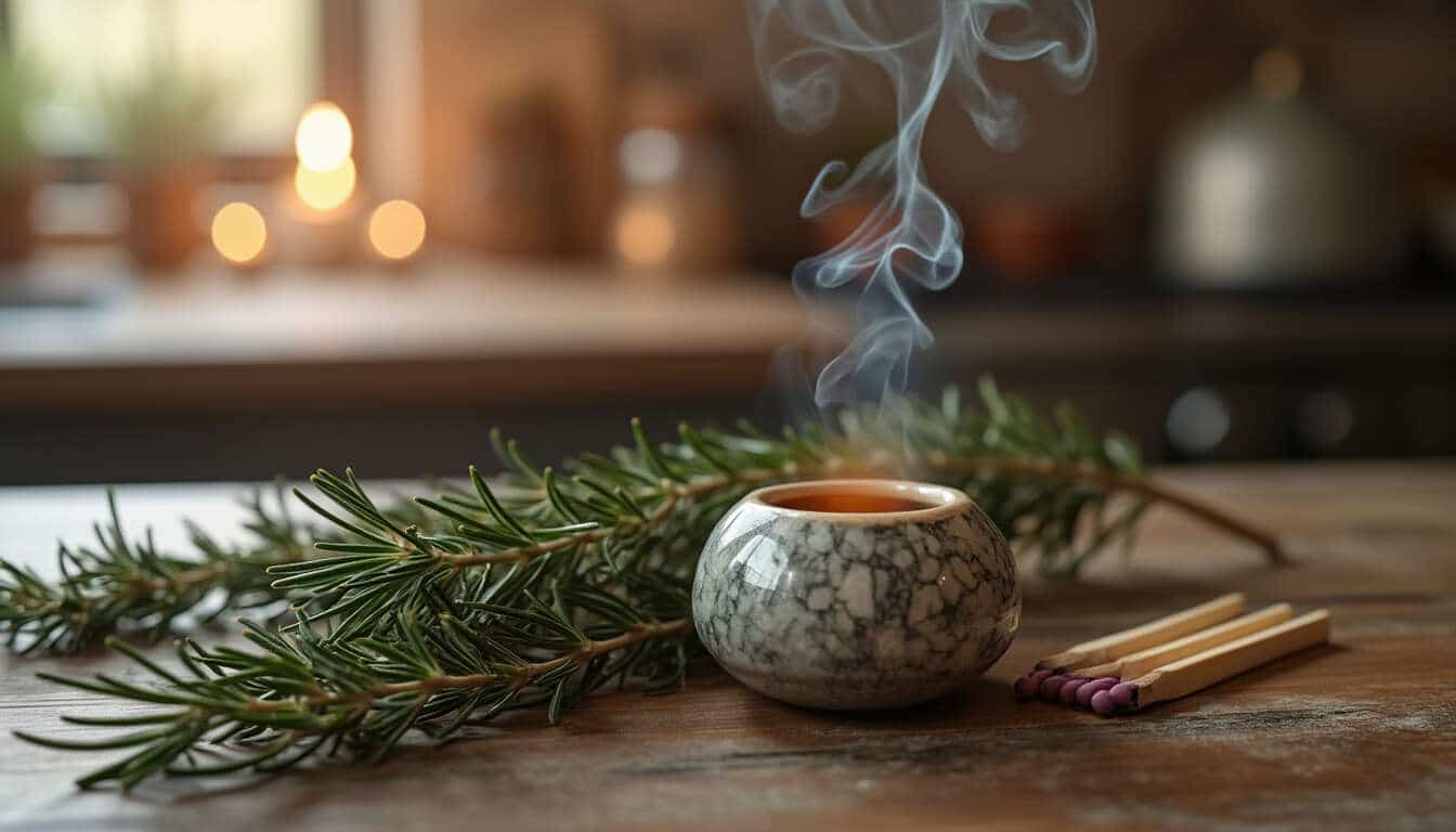 Rituel de brûlage de romarin dans une coupelle