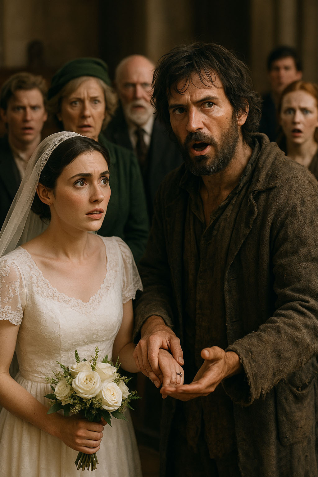 Une jeune femme en robe de mariée, le regard triste, dans une église