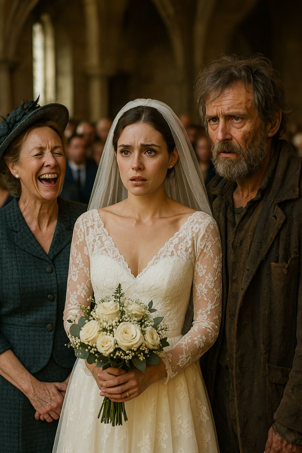 L'homme, en haillons, se tient droit à l'autel face à l'assemblée stupéfaite