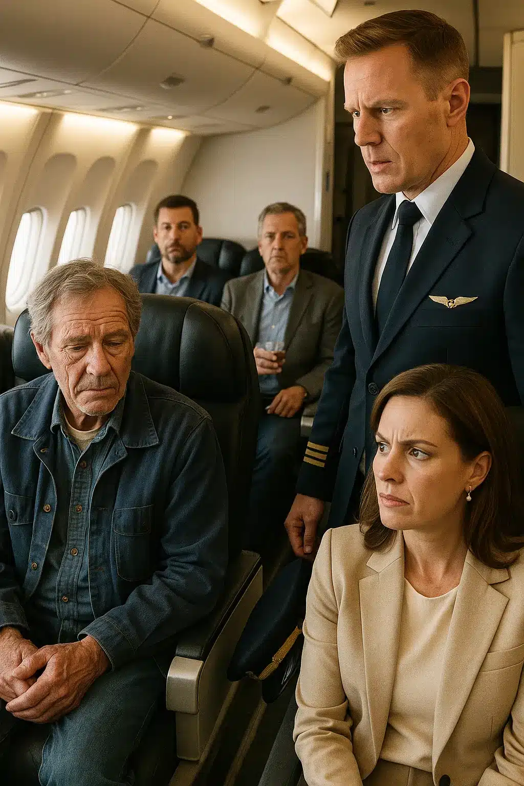 Commandant d'avion serrant la main d'un passager âgé