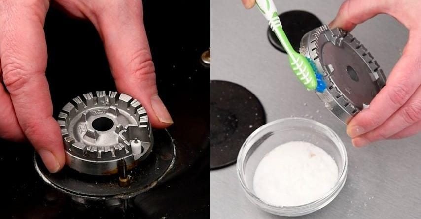 Femme nettoyant sa plaque de cuisson avec une éponge, souriante