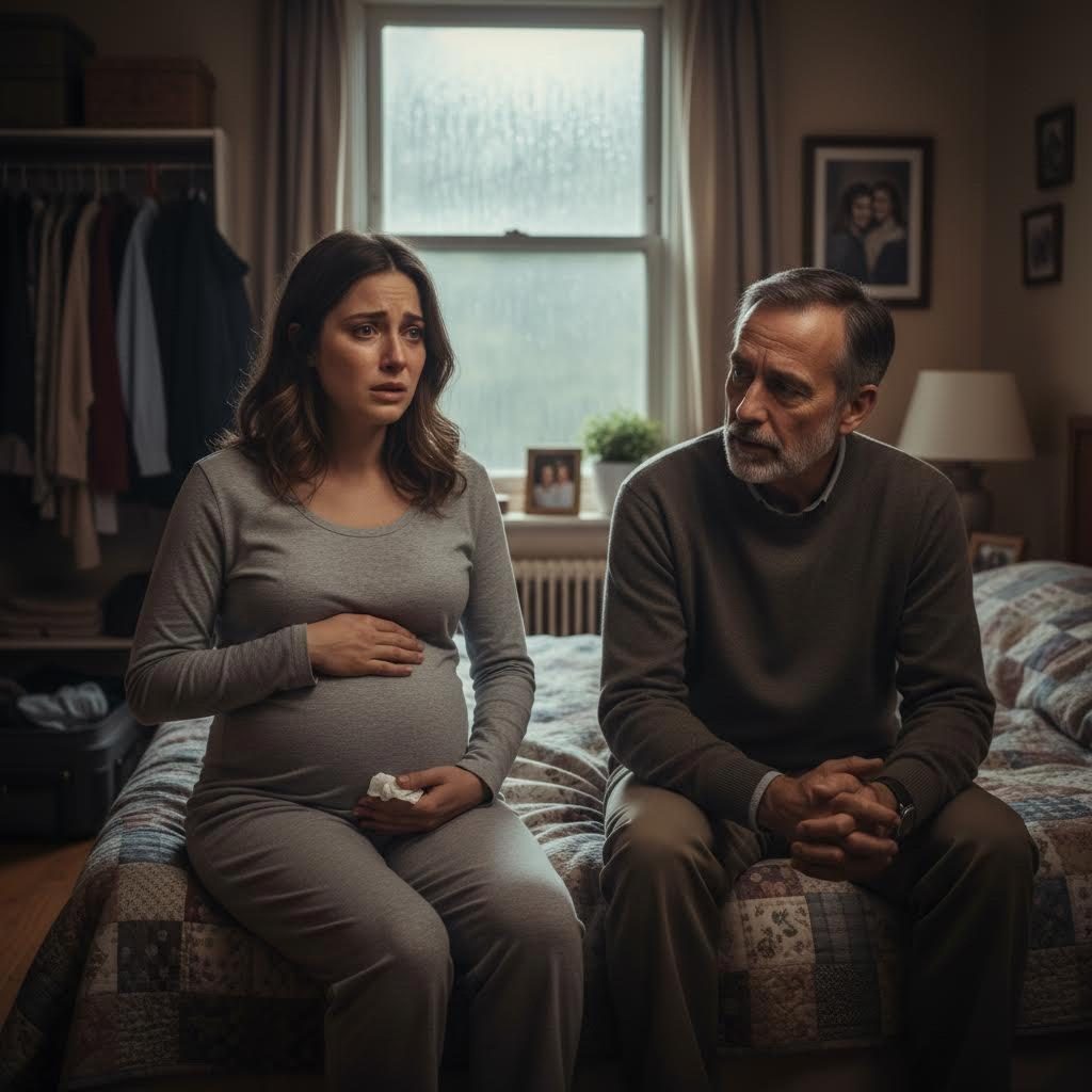 Un père et sa fille enceinte discutant calmement, dans une ambiance intime et confidentielle.