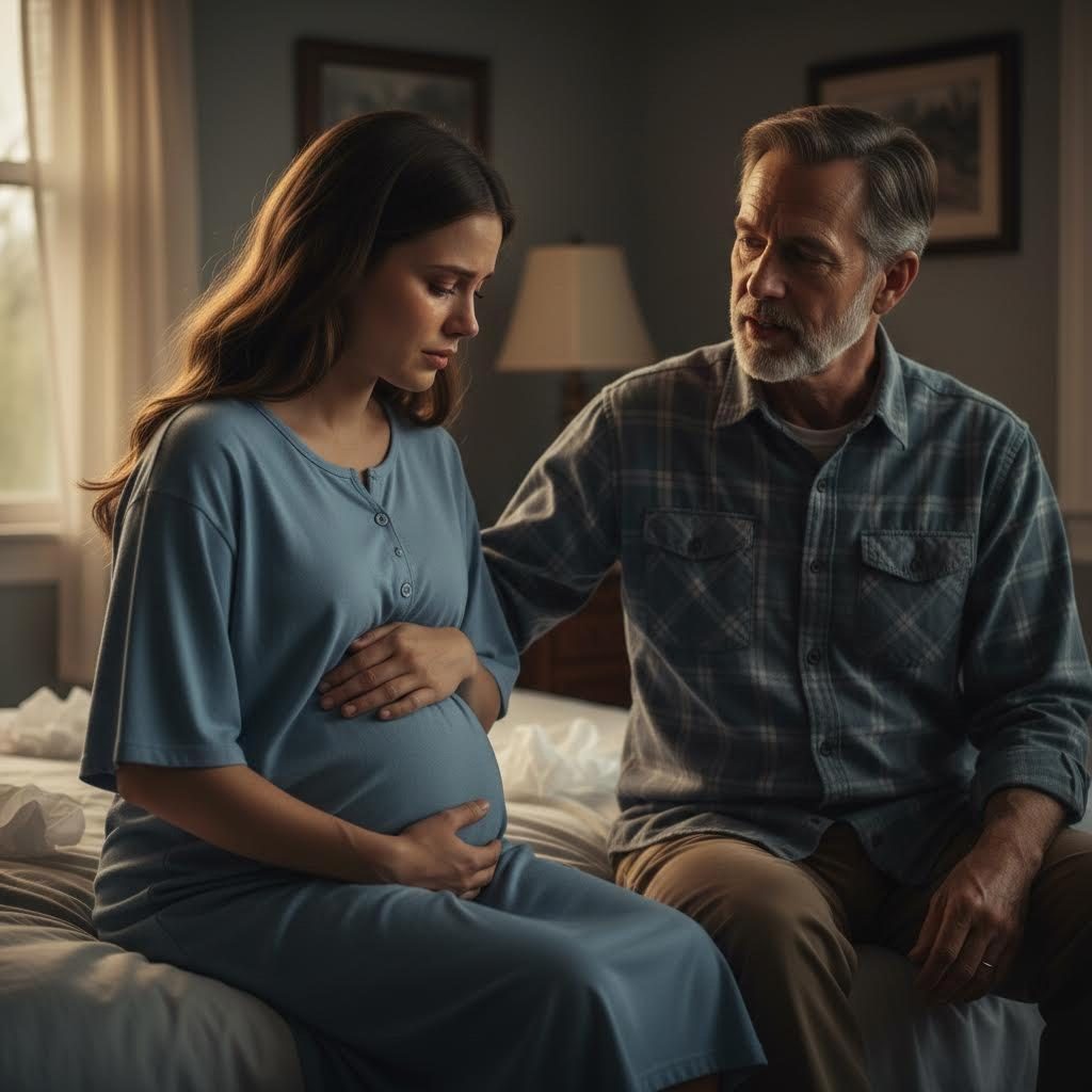 Une femme enceinte, le regard perdu, une main sur le ventre, illustrant un moment de profonde réflexion et de doute.