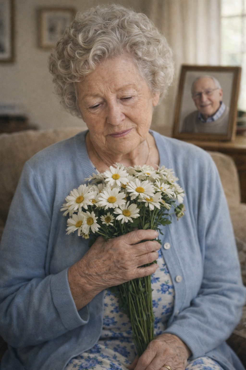 Une femme âgée jouant du piano avec émotion, dans un studio baigné de lumière douce.