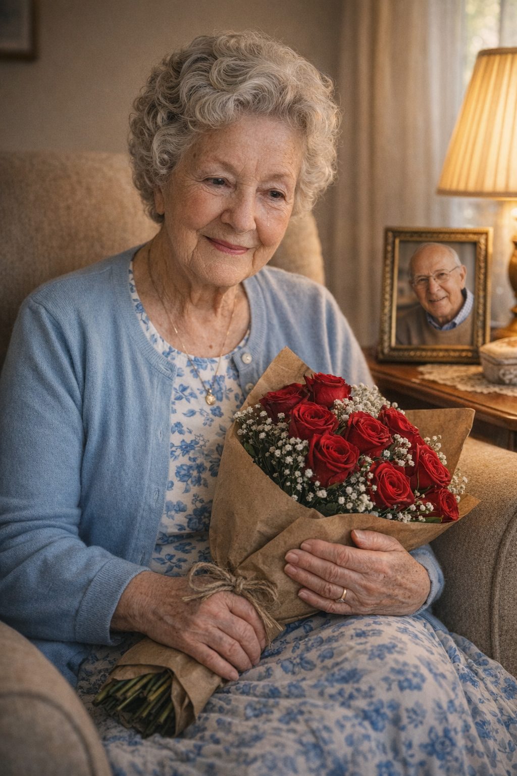 Une main âgée tenant délicatement une rose rouge, symbole d'amour durable.