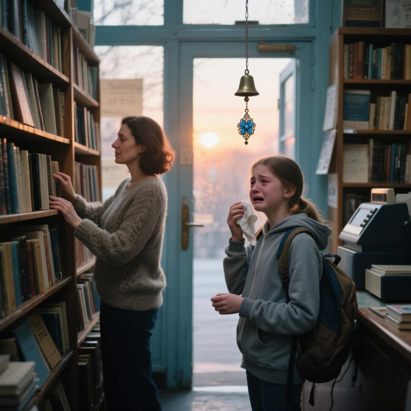Intérieur d'une librairie à la lumière douce du soir