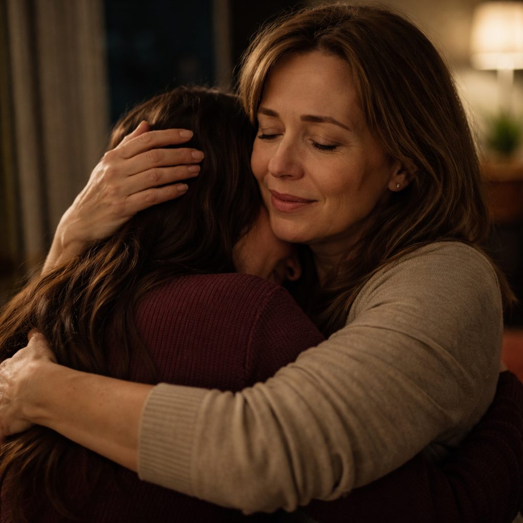 Deux femmes partagent un moment complice et apaisé autour d'une tasse de thé, souriant timidement.