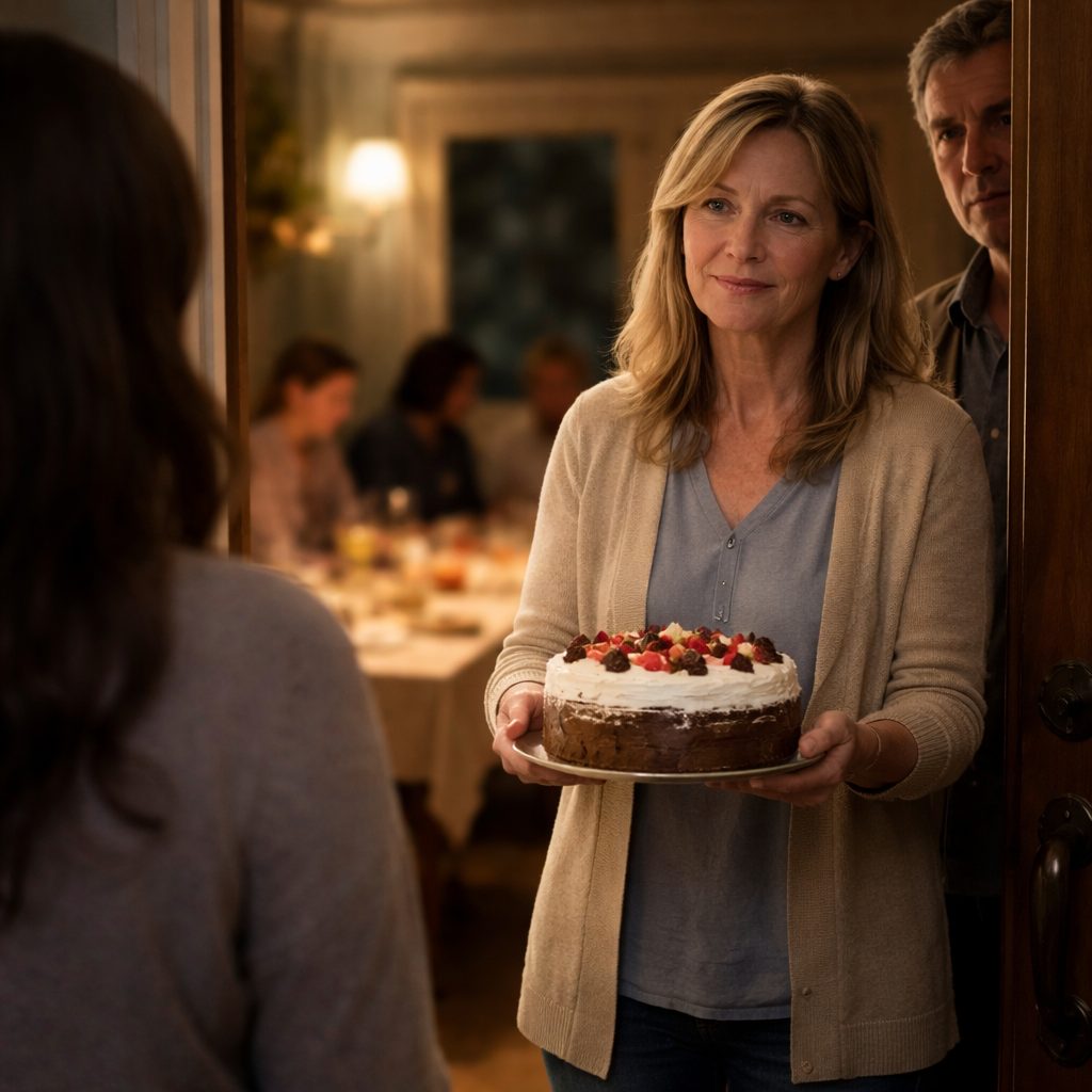 Une femme tient un gâteau fait maison, l'air à la fois tendre et hésitant.