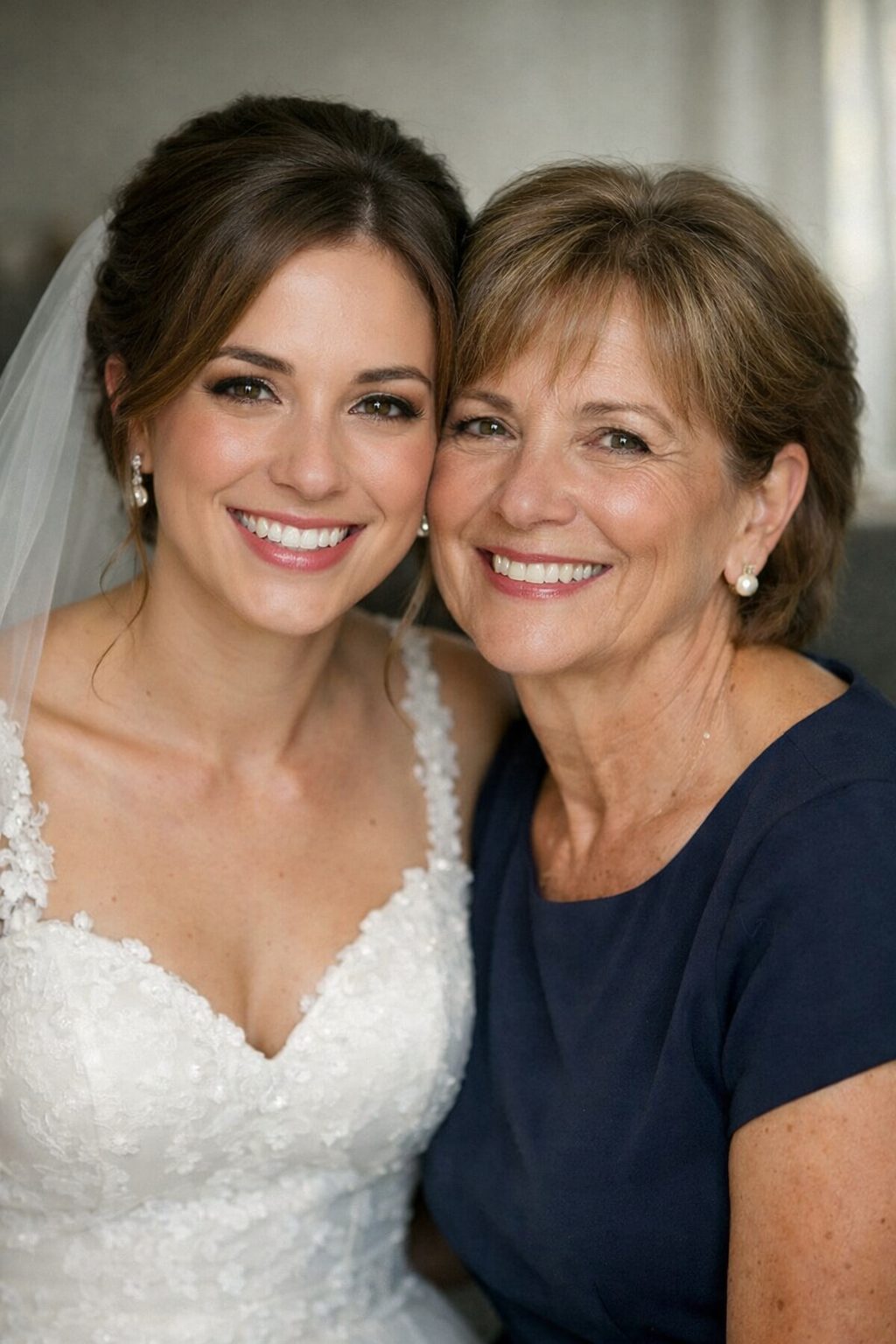 Jeune mariée souriante, émue, tenant son bouquet