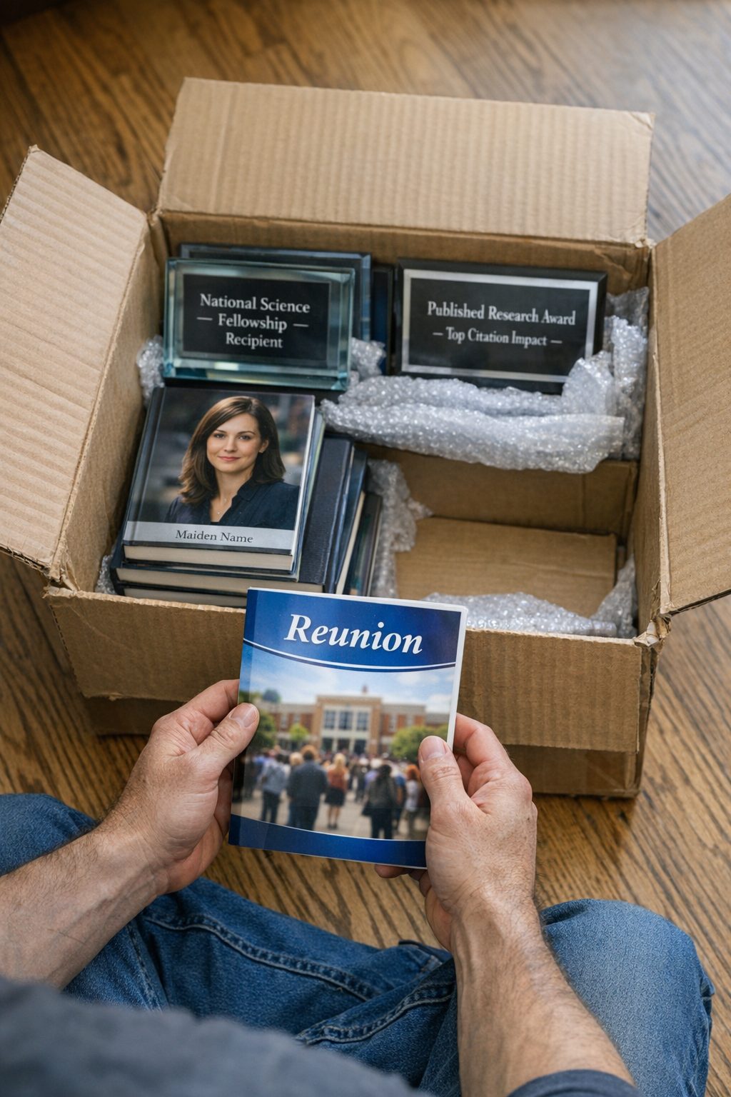 Carton ouvert avec des trophées et des livres à l'intérieur