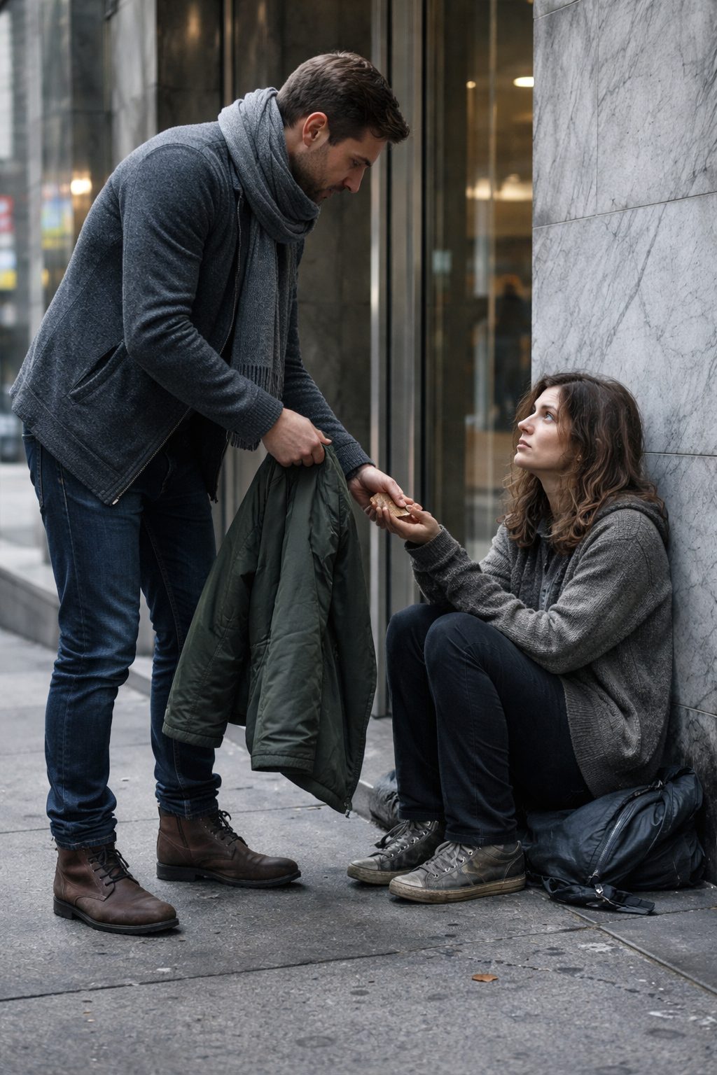 Femme assise contre une vitre par temps froid