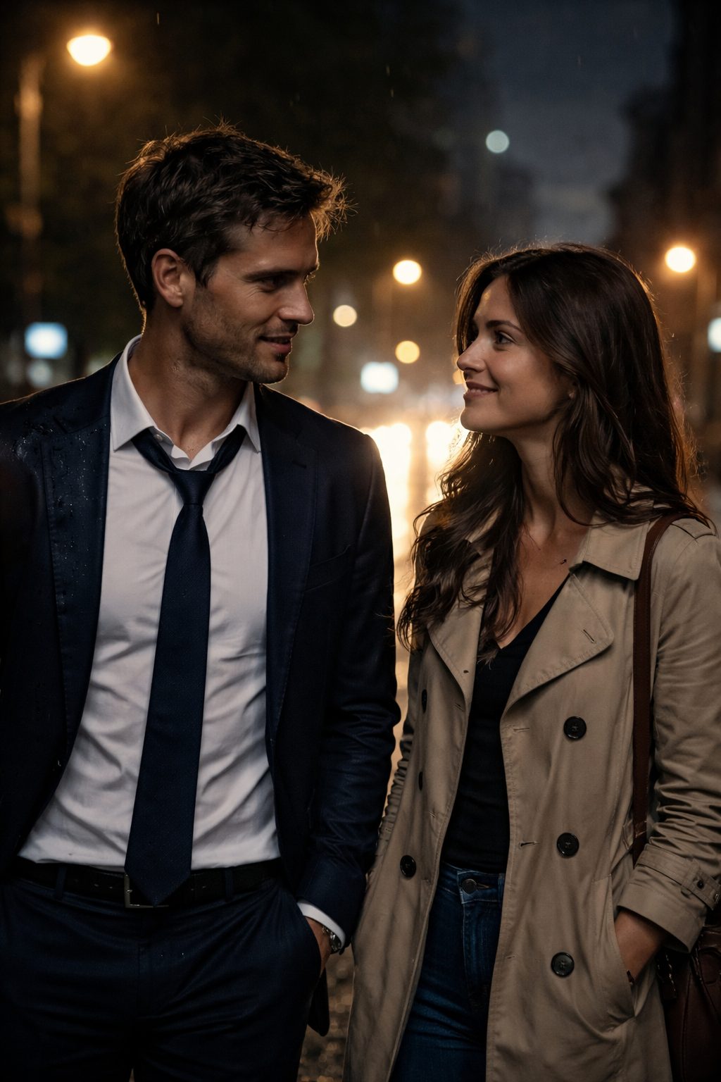 Deux personnes échangeant un sourire gêné dans une rue le soir, après un incident