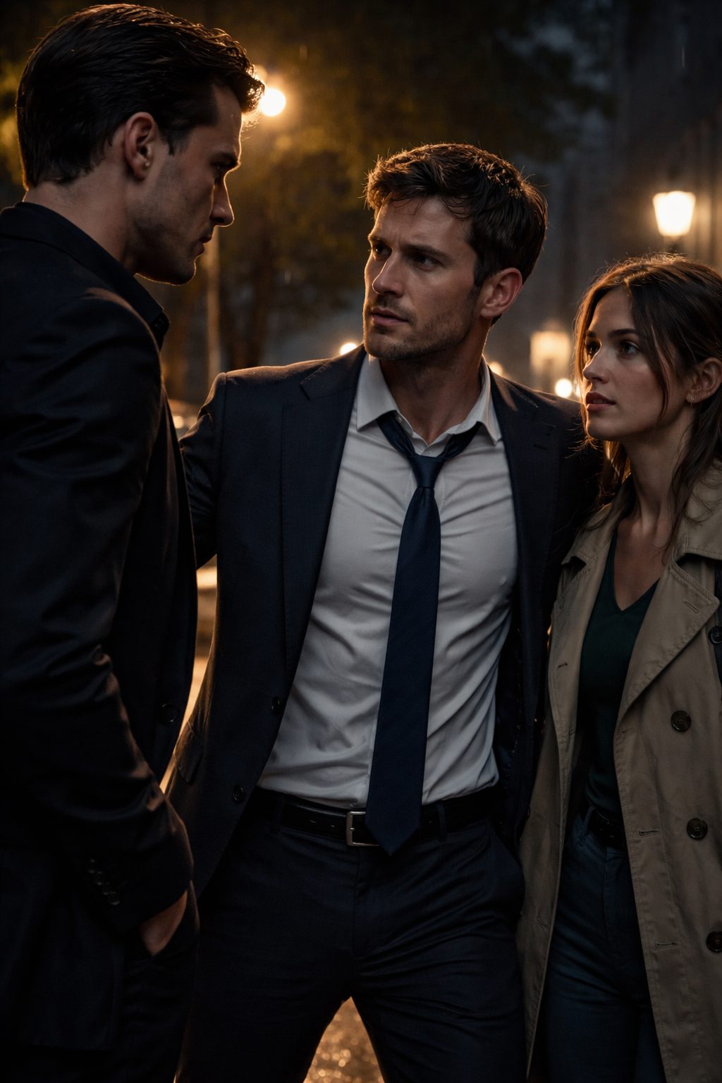 Scène de rue nocturne sous un lampadaire, montrant une interaction tendue entre deux personnes