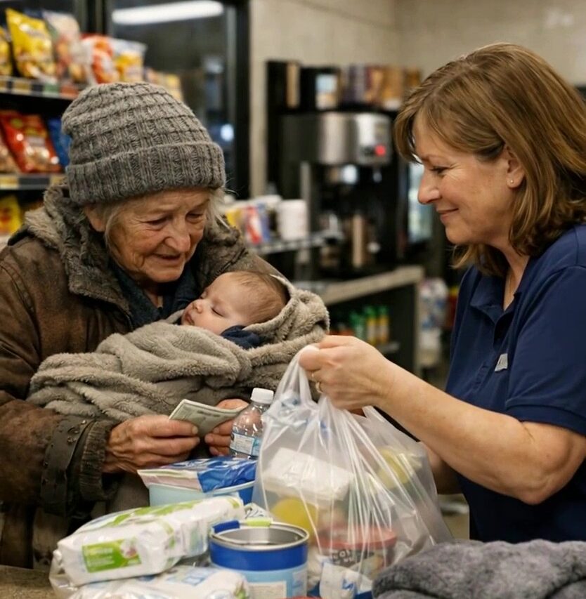 Femme tenant un bébé endormi, dans un manteau usé, devant des rayons de supermarché