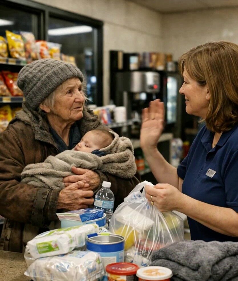 Femme tenant son bébé éveillé, parlant avec anxiété à la caissière, ambiance tendue