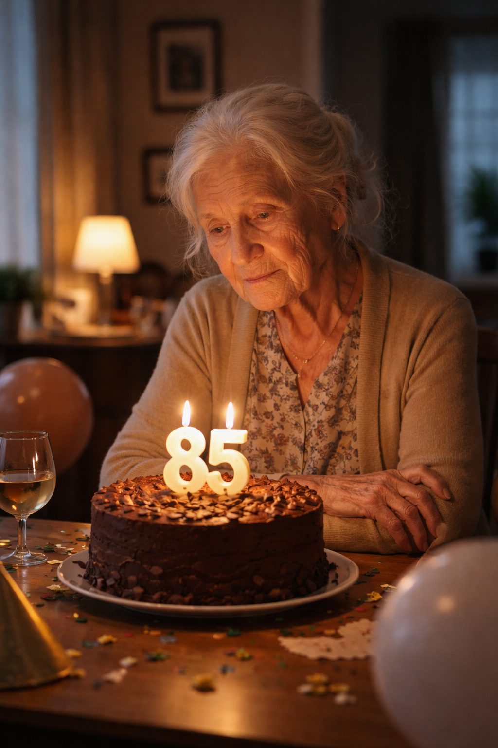 Une femme âgée, élégante, regarde pensivement par une fenêtre, tenant une tasse.