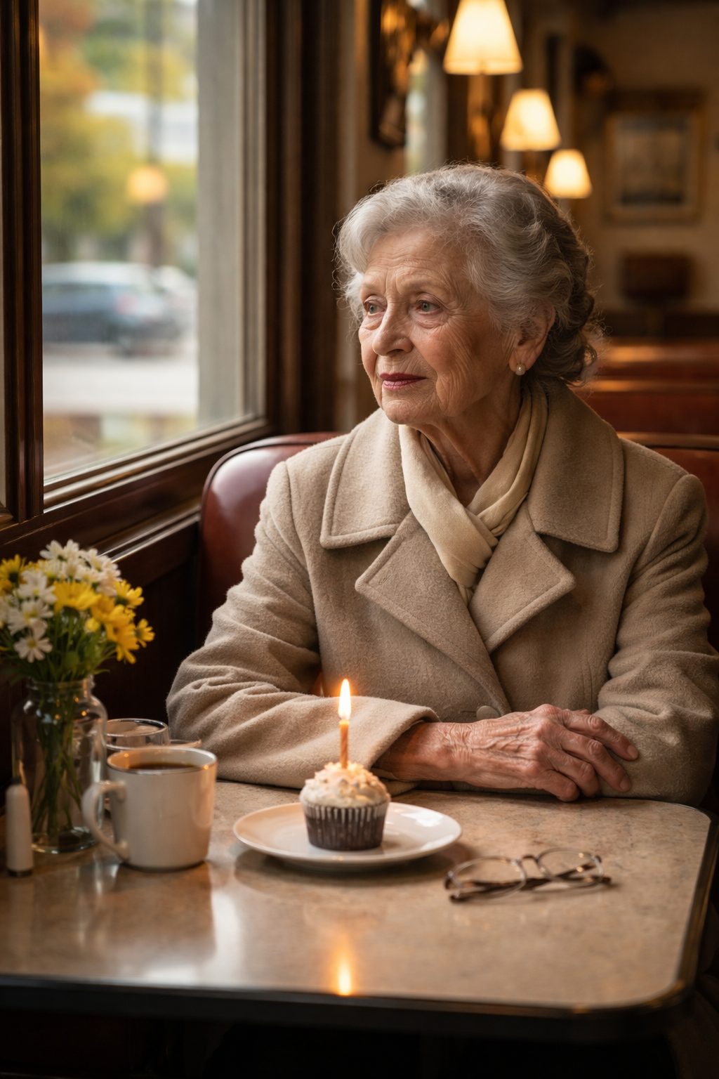 Photo en noir et blanc d'un couple souriant, semblant des années 60, assis à une table de café