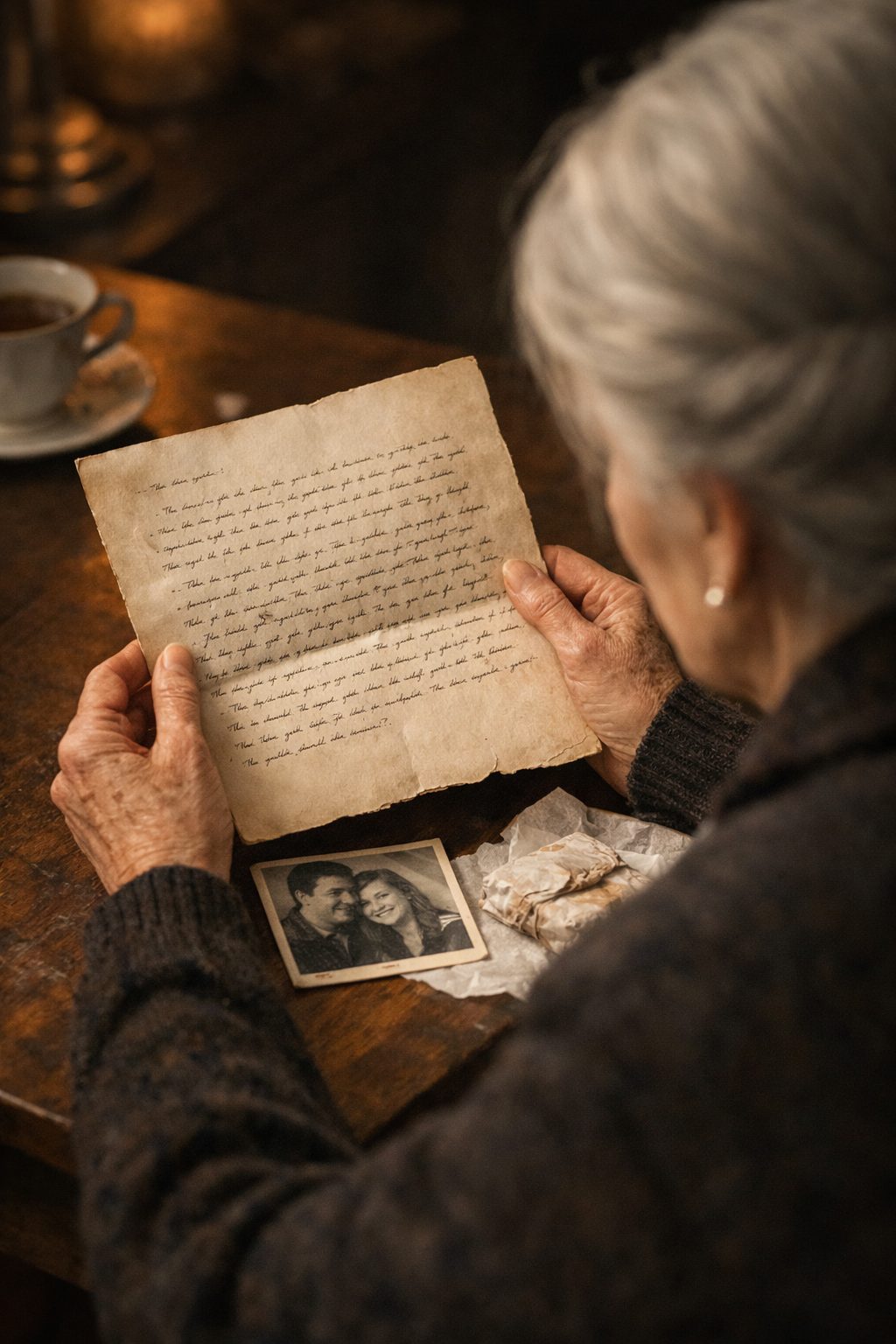 Mains âgées tenant une lettre écrite sur du papier parcheminé.