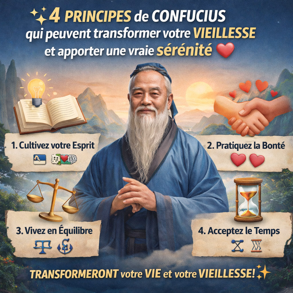 Illustration évoquant la sérénité et la philosophie de Confucius pour une vieillesse apaisée