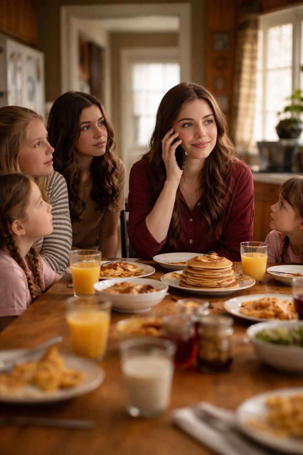 Les six sœurs partageant un repas simple et joyeux dans leur cuisine