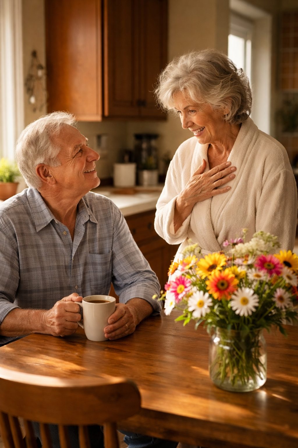 Vase en céramique rempli de fleurs fraîches sur une table de cuisine ensoleillée