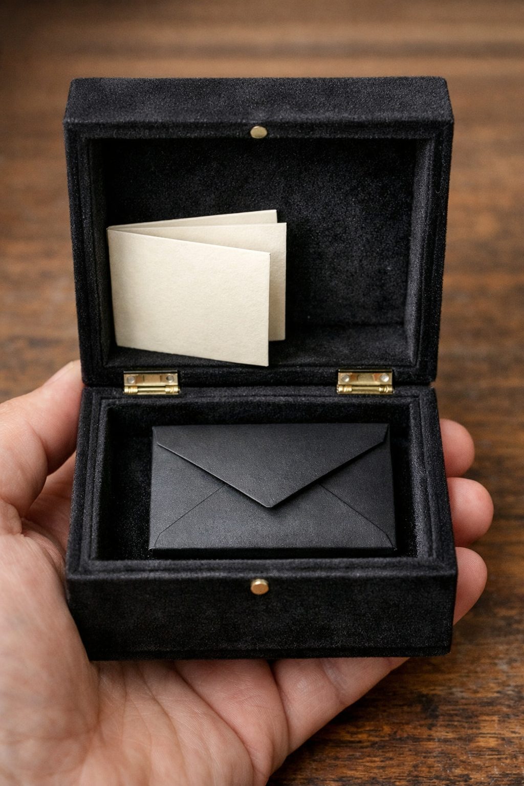 Femme tenant une petite boîte en velours rouge avec appréhension