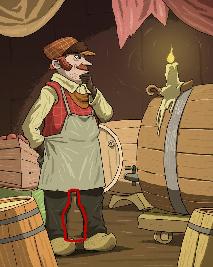Image révélant l'emplacement de la bouteille cachée entre les jambes du personnage