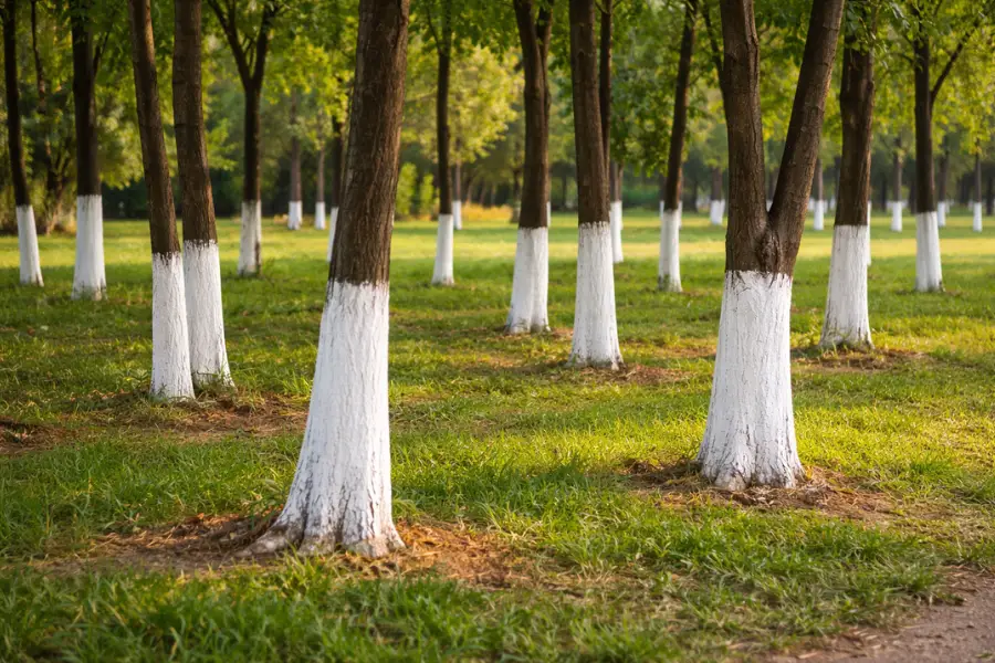 Tronc d'arbre peint en blanc dans un jardin ensoleillé