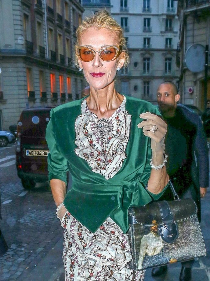 Céline Dion en robe scintillante, posture royale