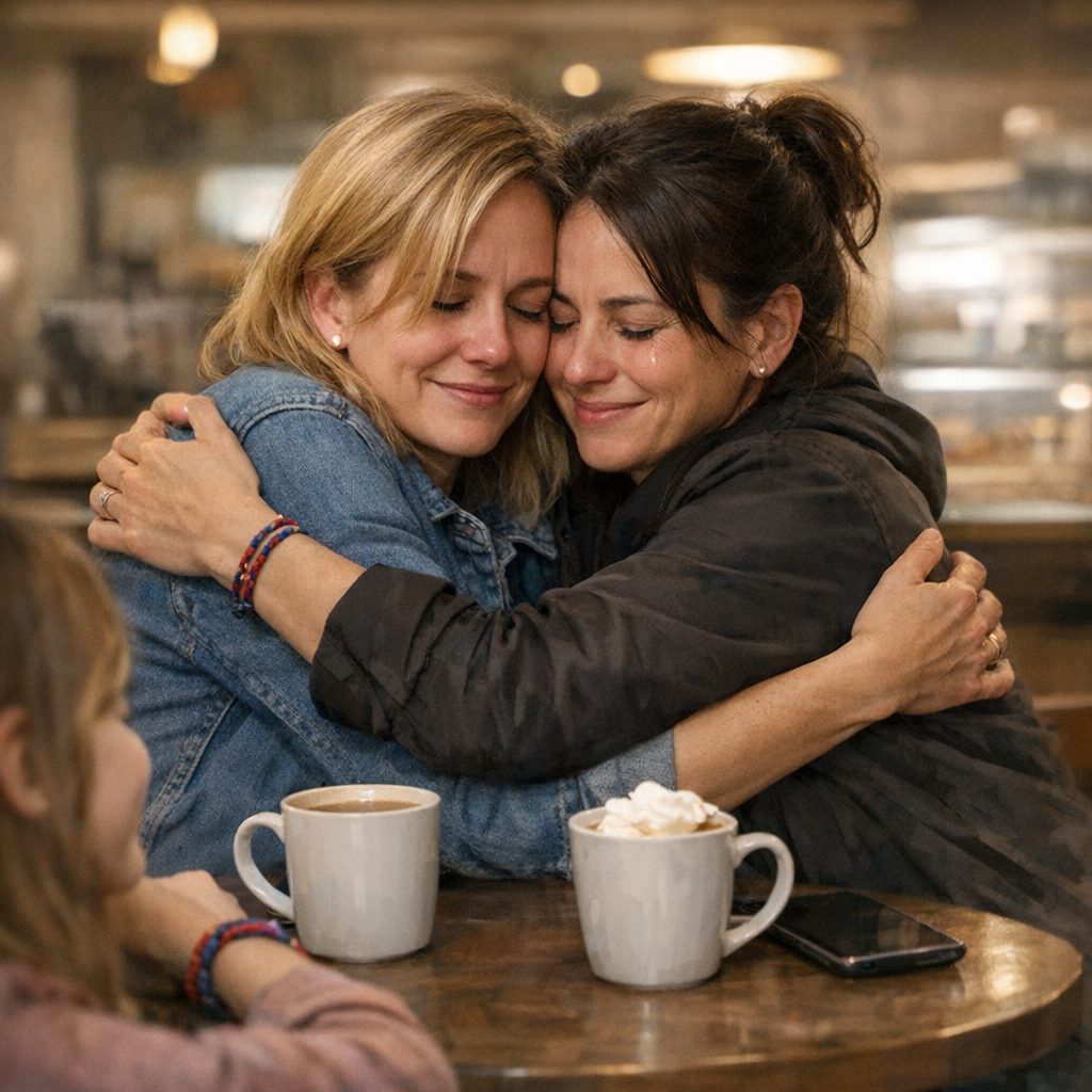 Deux femmes, Élodie et Camille, assises côte à côte et souriant, tenant ensemble le bracelet rouge et bleu.