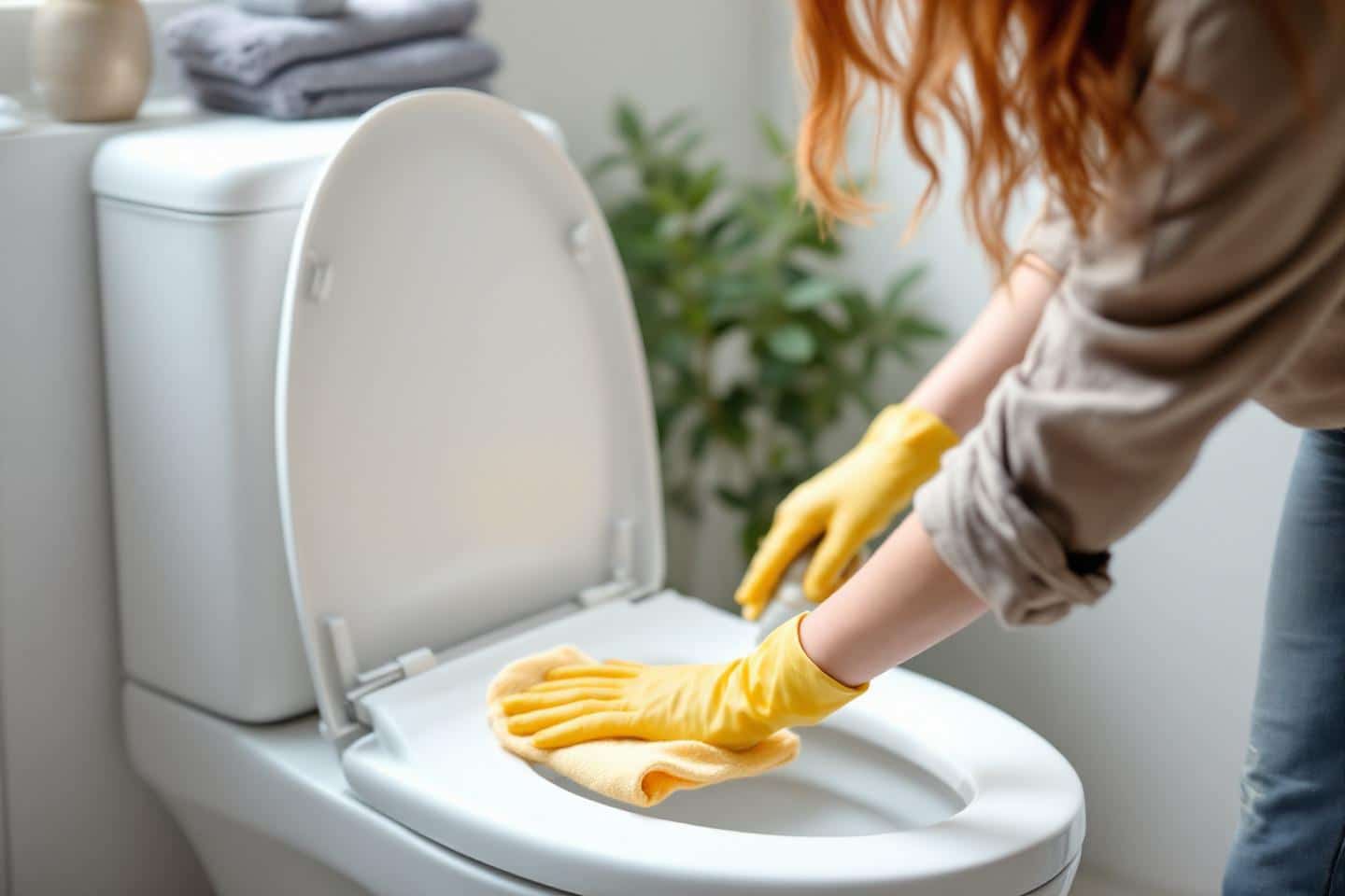 Éponge et flacon de produit ménager posés sur un abattant de toilettes blanc