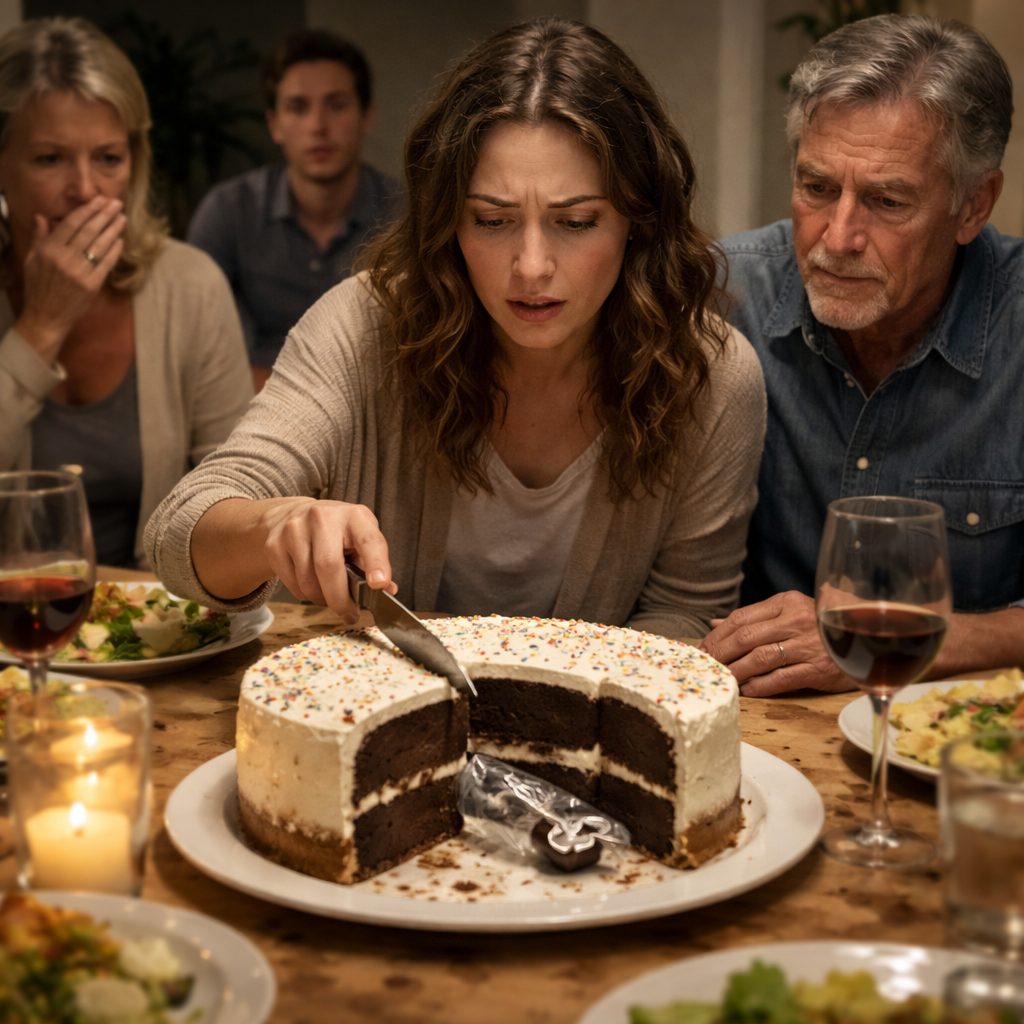 Un couteau tranche un gâteau, révélant un petit objet métallique brillant à l'intérieur.