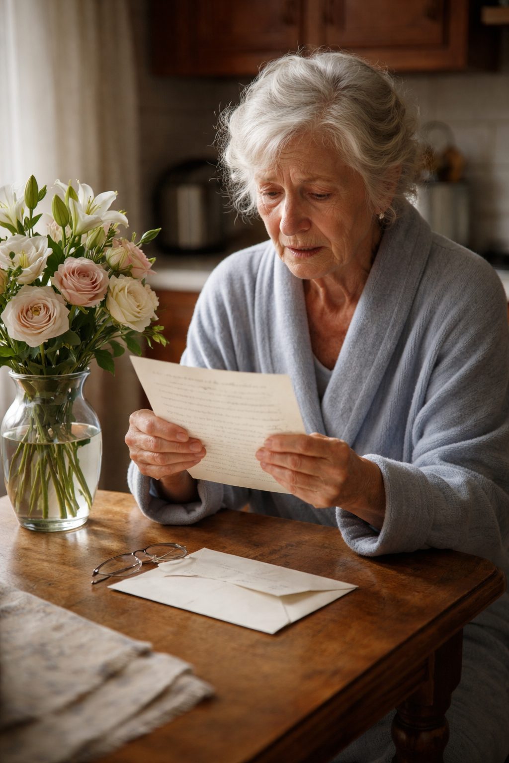 Un homme vêtu d'un manteau sombre tend un bouquet de fleurs et une enveloppe