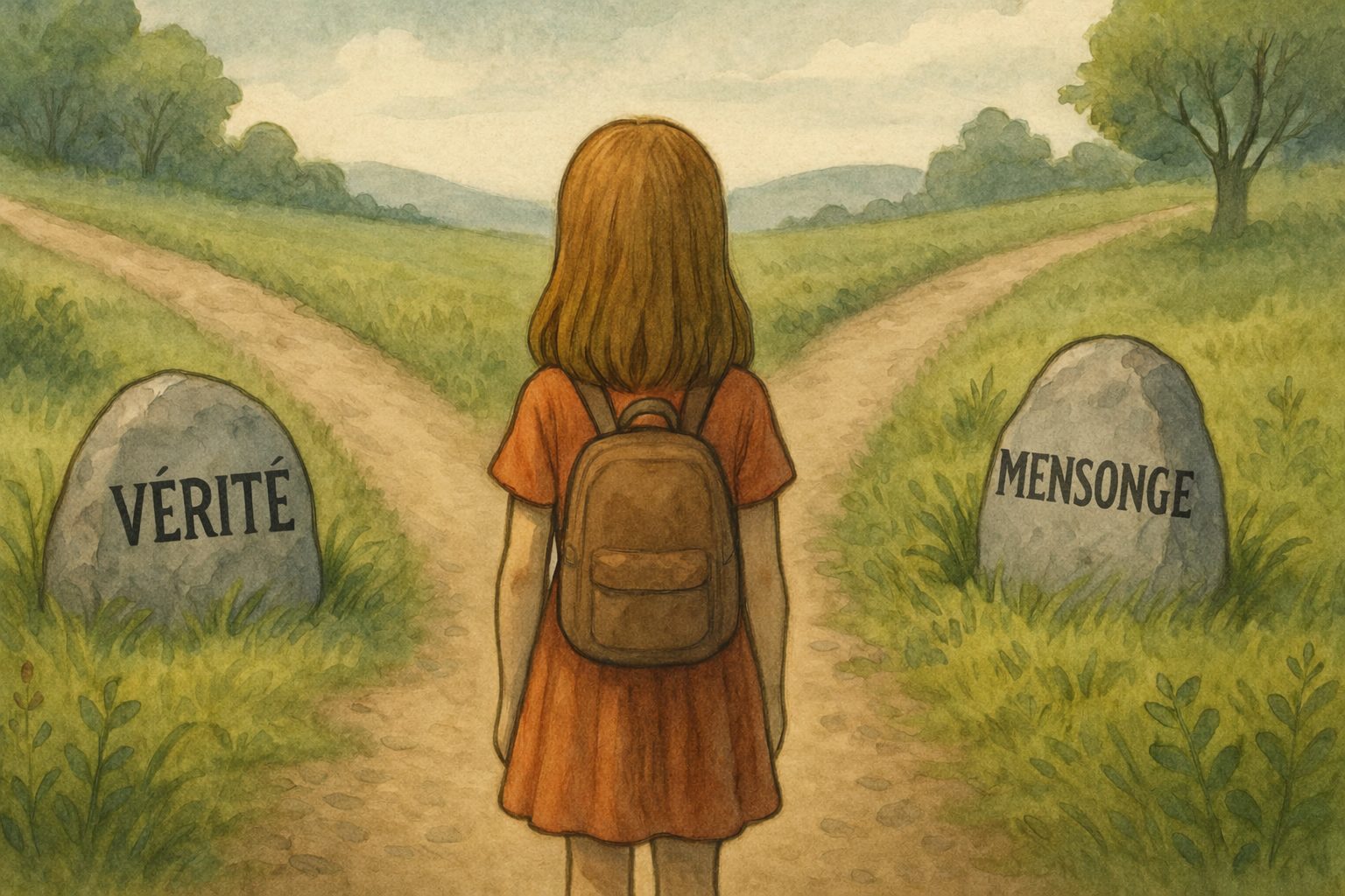 Illustration d'un carrefour forestier avec deux chemins et des pierres indicatrices