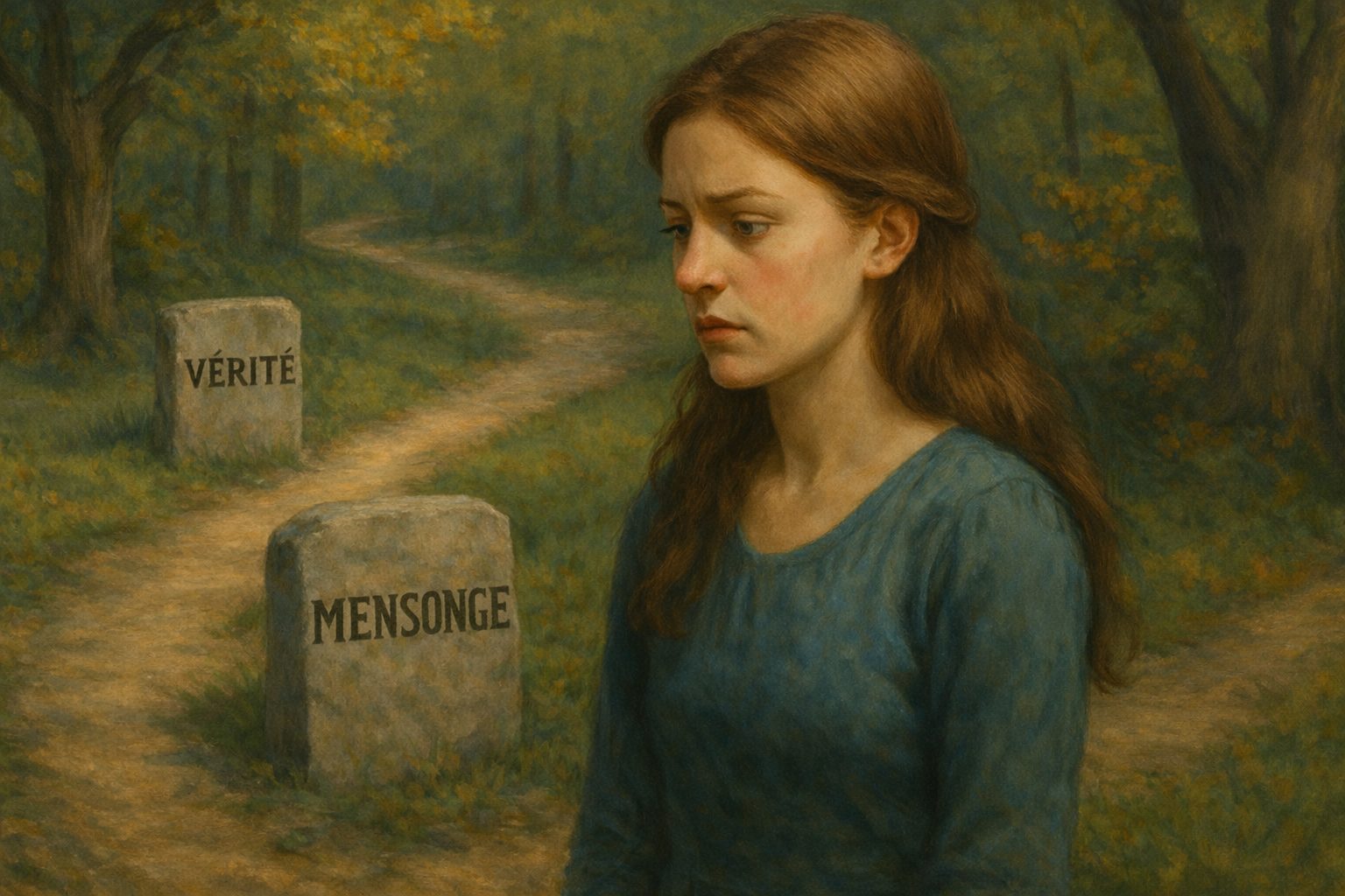 Illustration montrant la jeune fille observant le sol poussiéreux du carrefour