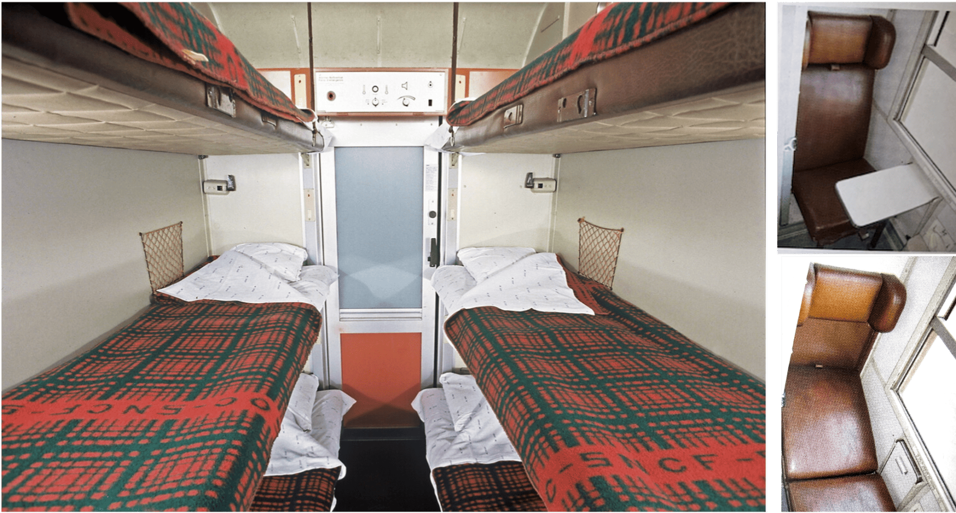 Intérieur d'un compartiment de train de nuit avec des couchettes