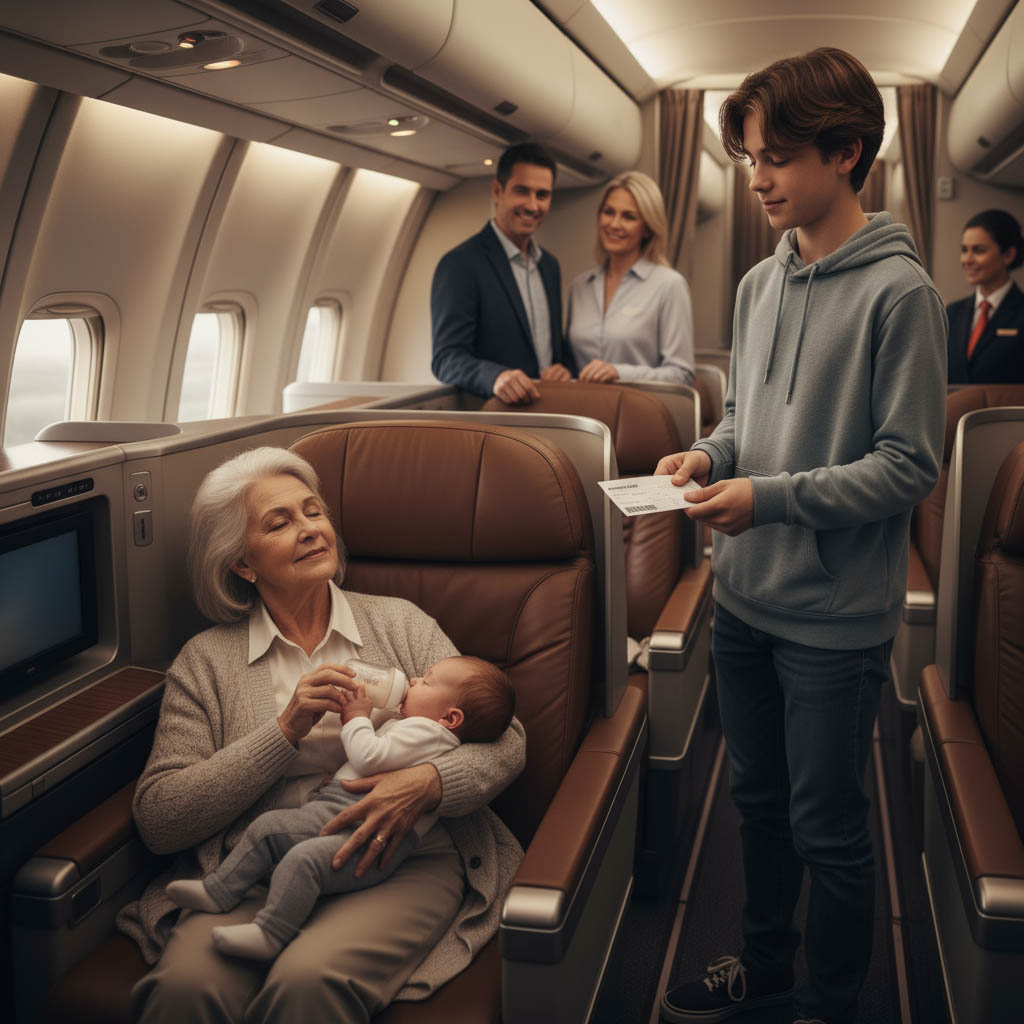 Jeune homme offrant son siège dans l'avion