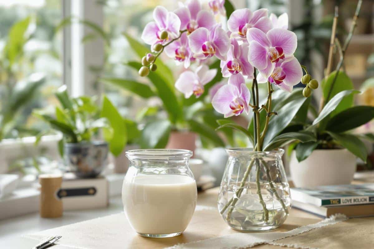 Feuilles d'orchidée nettoyées avec un mélange eau-lait