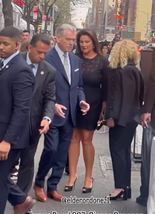 Pierce Brosnan et Keely Shaye Smith souriants sur le tapis rouge de MobLand