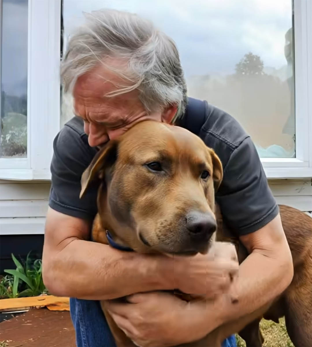Homme caressant son chien pour la dernière fois