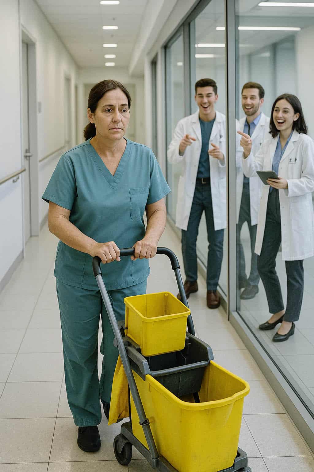 Femme regardant par la fenêtre d'un couloir d'hôpital avec une expression pensive