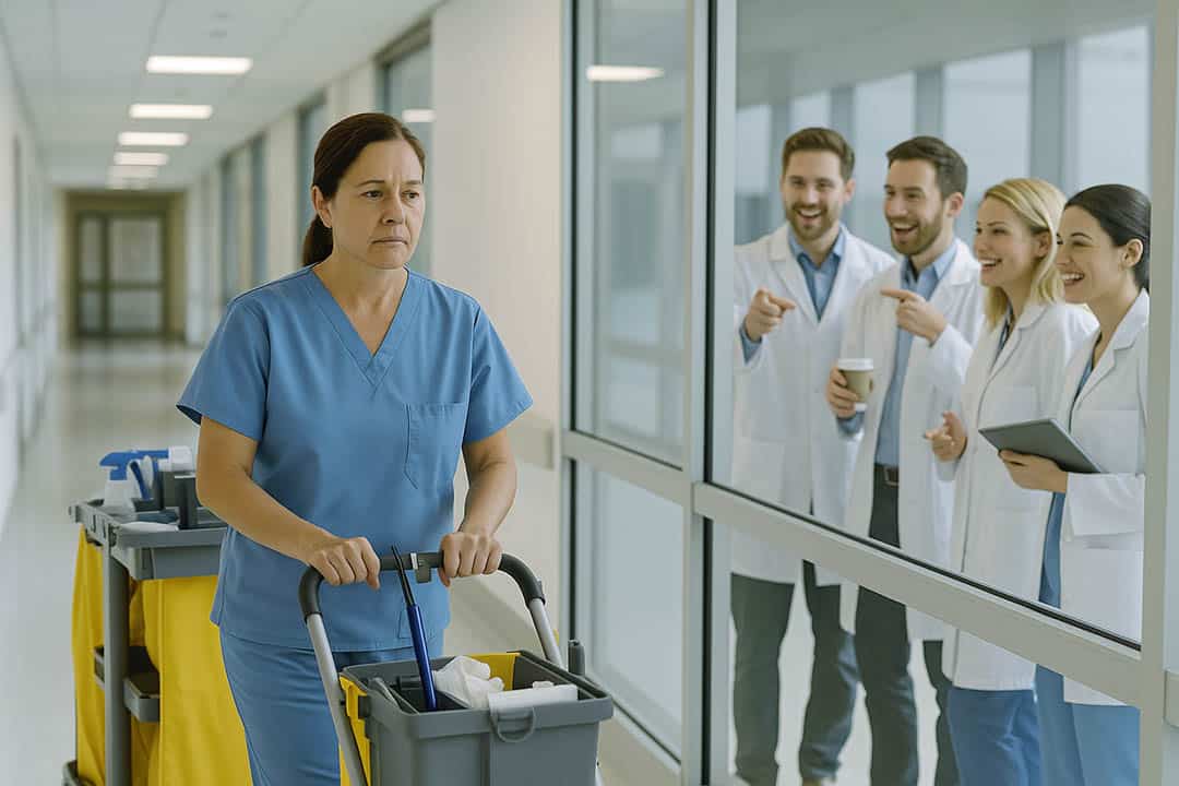 Couloir d'hôpital avec une femme de ménage poussant son chariot