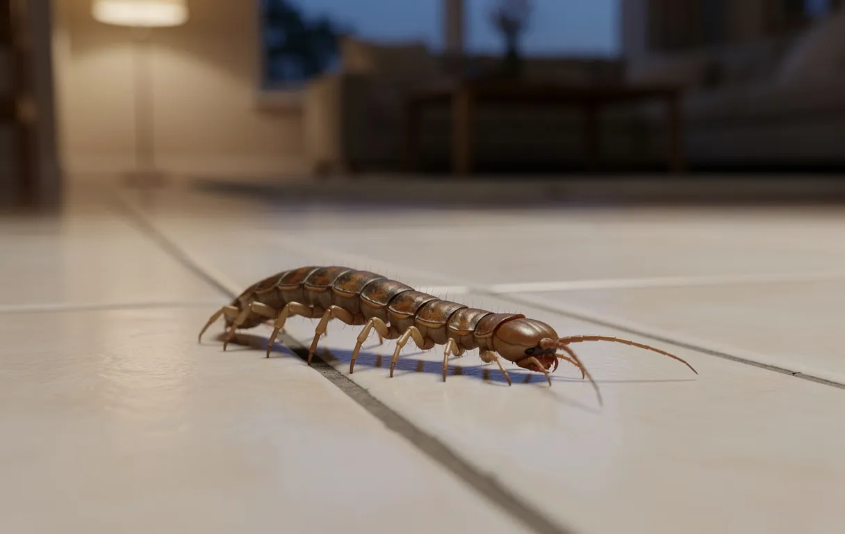 Scolopendre, un type de mille-pattes, sur un carrelage