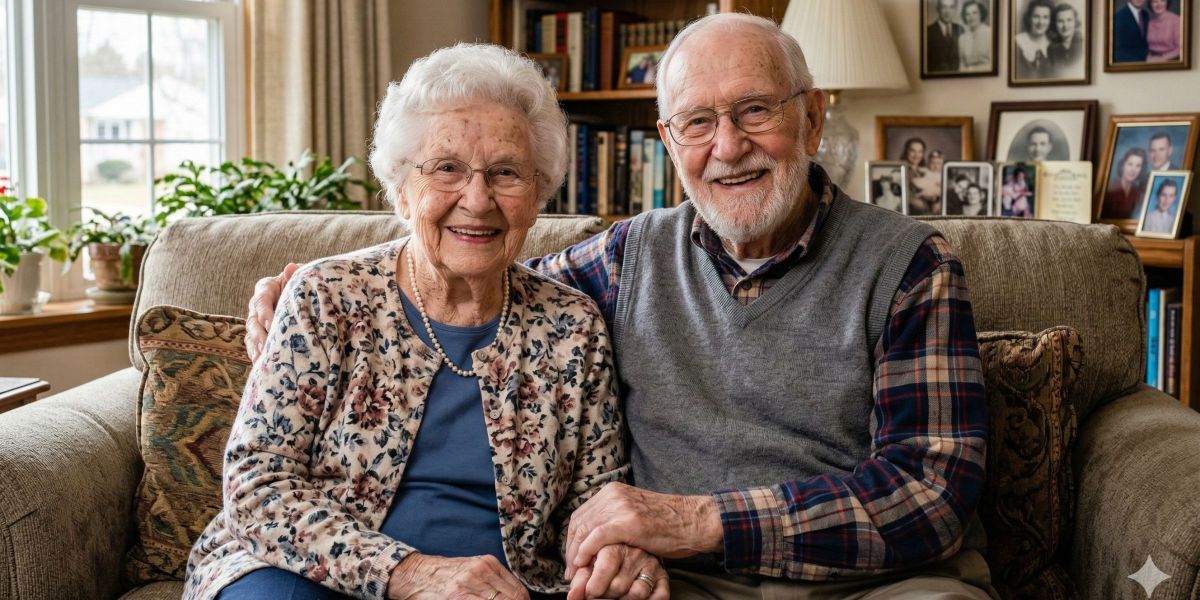 Une main âgée tenant une alliance en or sur un fond flou, évoquant la mémoire et le temps qui passe.