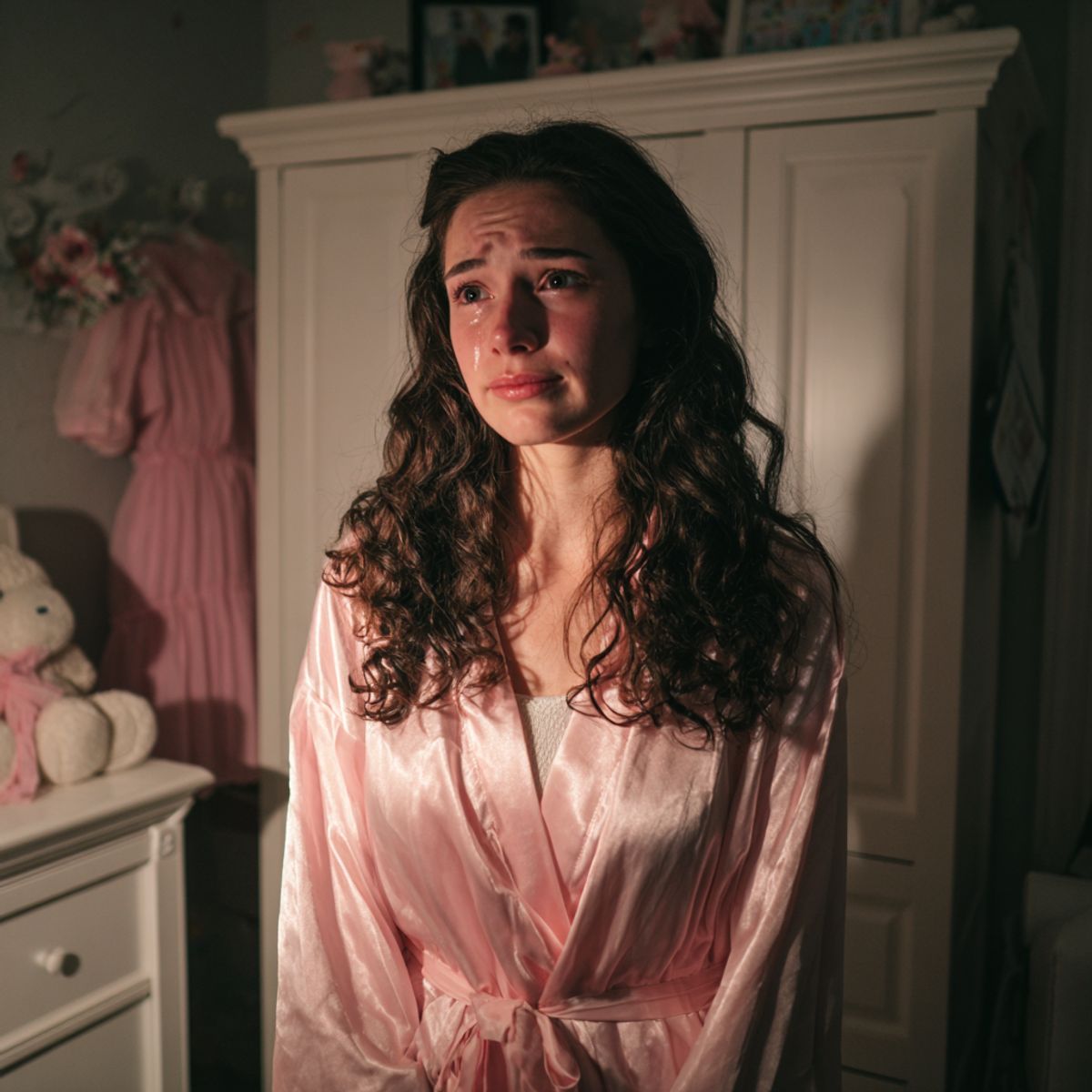 Une femme enceinte tenant son ventre, l'air rêveuse.