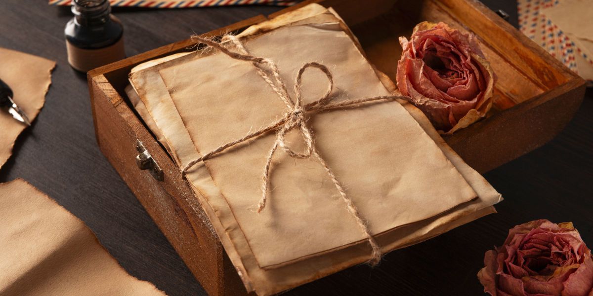 Une main tenant une vieille lettre jaunie sur un fond de poutres de grenier